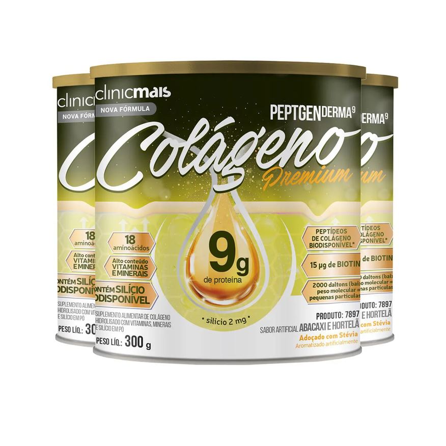 Clinic Mais Kit 3 Colágeno Peptgenderma Clinicmais 300g Abacaxi com Hortelã
