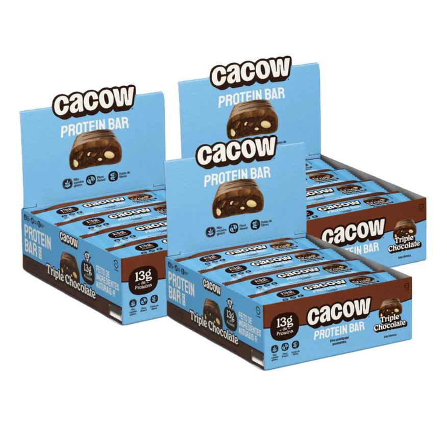 Cacow 3X Barra de Proteina Vegana Triple Chocolate 12 Unidades 40g