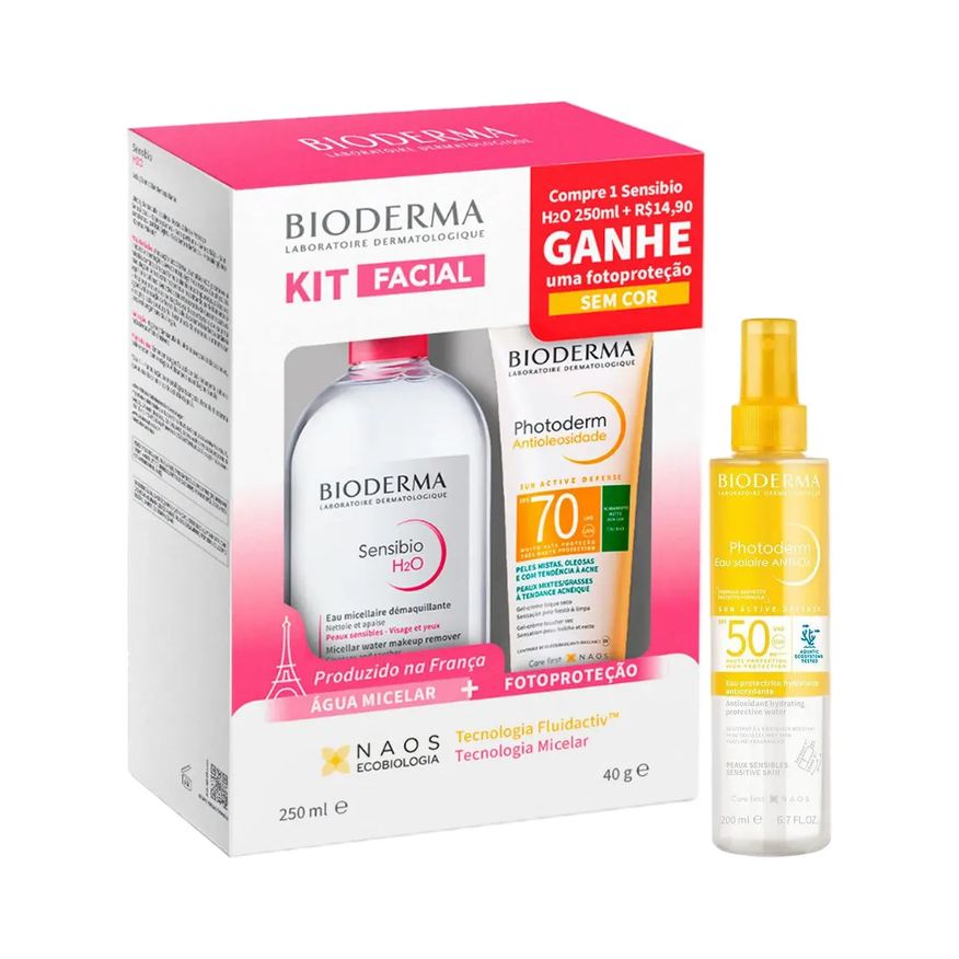 Bioderma Kit Água Micelar Sensibio H2O 250ml + Photoderm Antioleosidade FPS70 40ml + Eau Solaire Anti-OX FPS 50 200ml