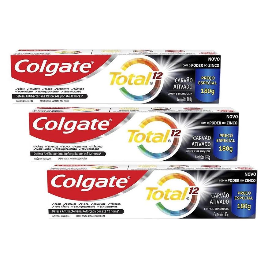 Colgate Kit 3 Cremes Dentais Total Carvão Ativado 180g