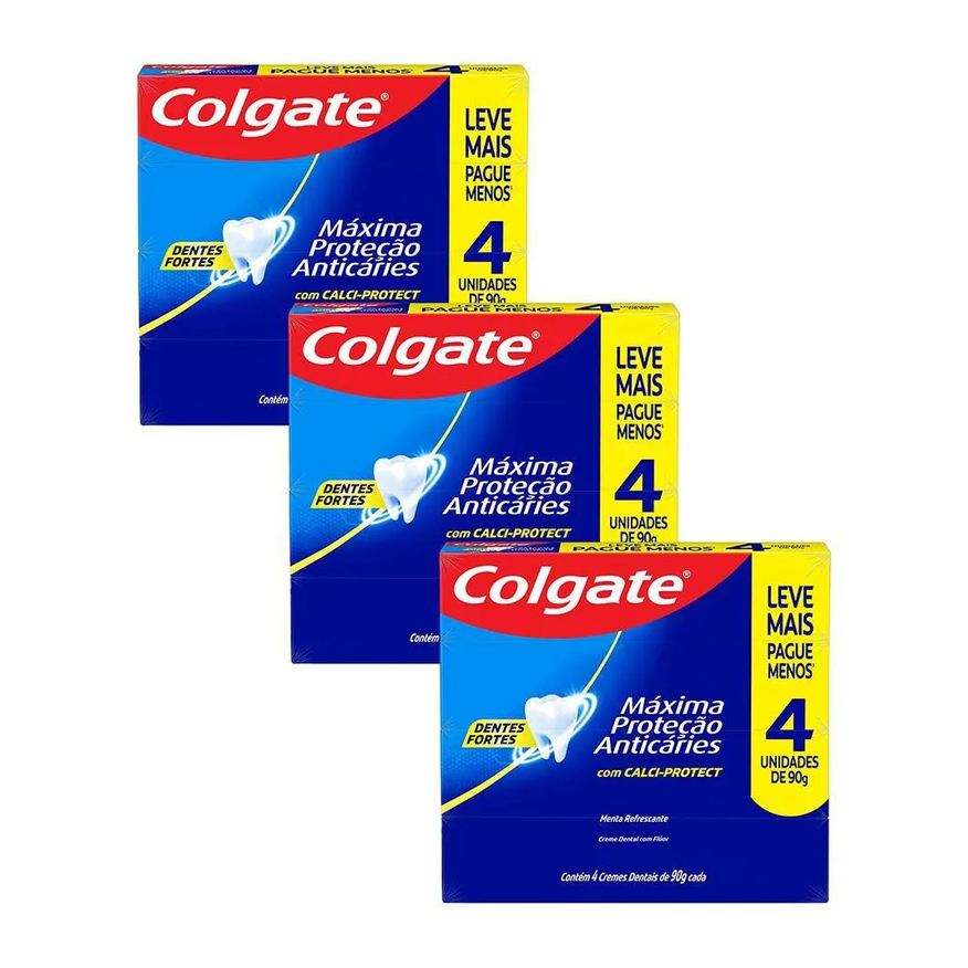 Colgate Kit 3 Pack Creme Dental Máxima Proteção Anticáries 90g 4Un Cada