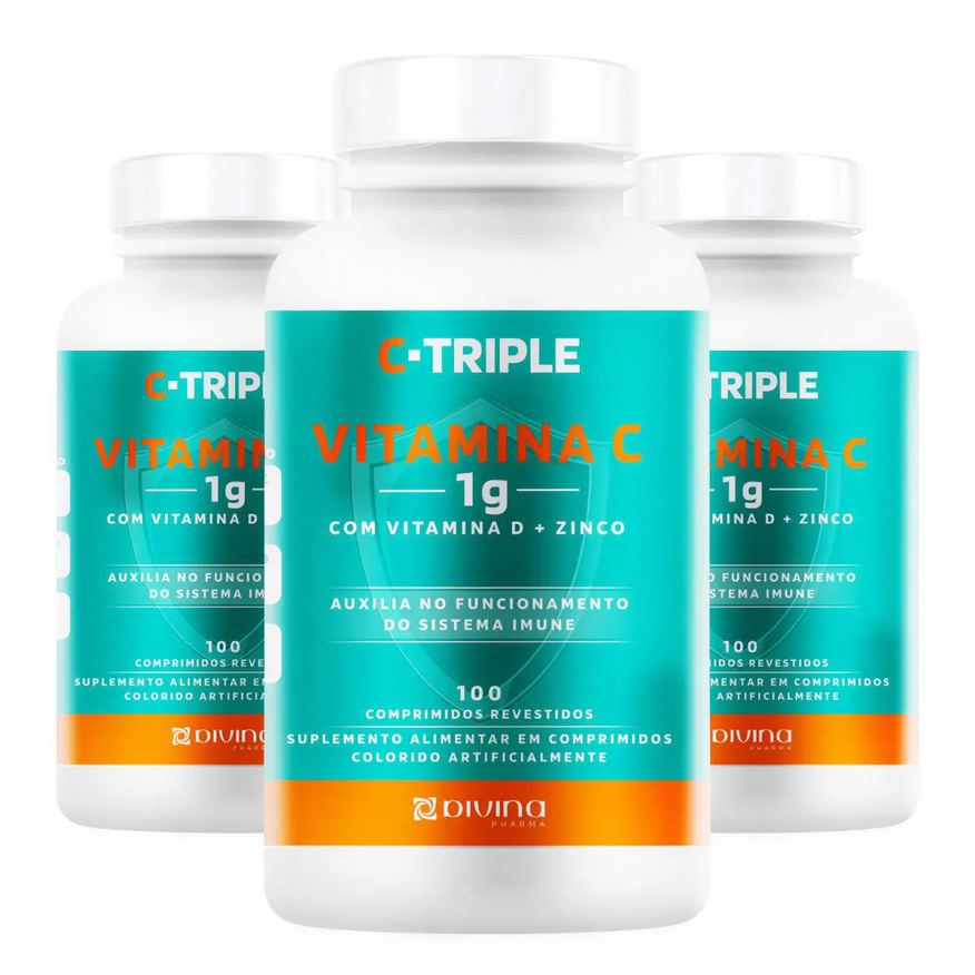 Divina Pharma Kit 3 C-Triple Vitamina C 1g + Zinco 10mg + Vitamina D 400Ui Total 300 Comprimidos