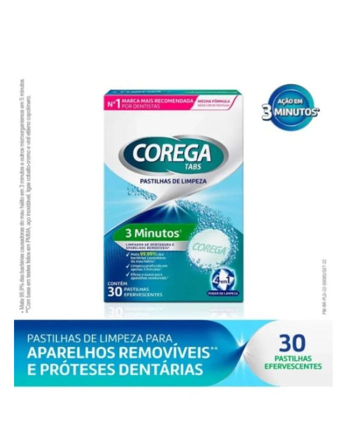 Tabs Corega Limpador de Próteses Dentárias Sabor Menta 30 Pastilhas