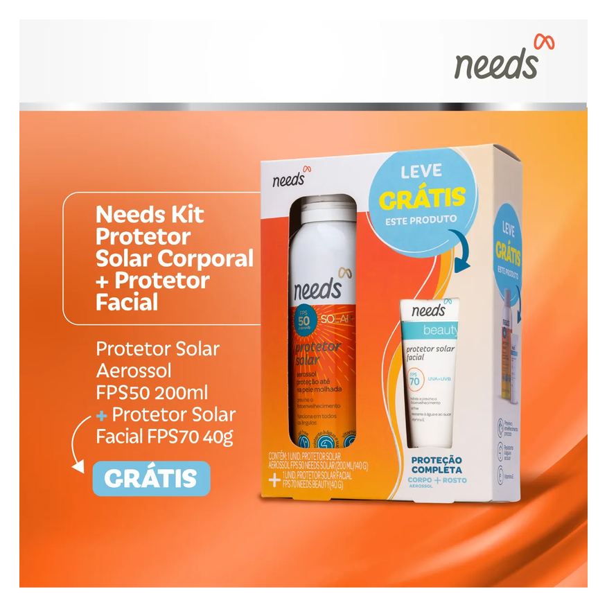 Needs Kit Protetor Solar Facial FPS 70 40g + Corporal FPS 50 Aerossol 200ml