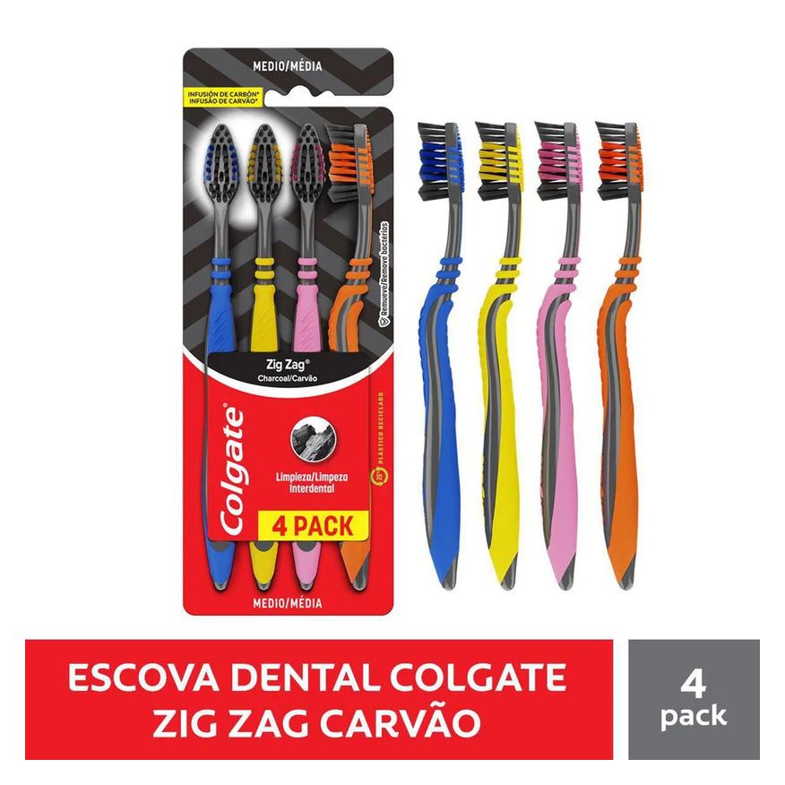 Colgate Escova de Dente ZigZag Carvão 4 unidades