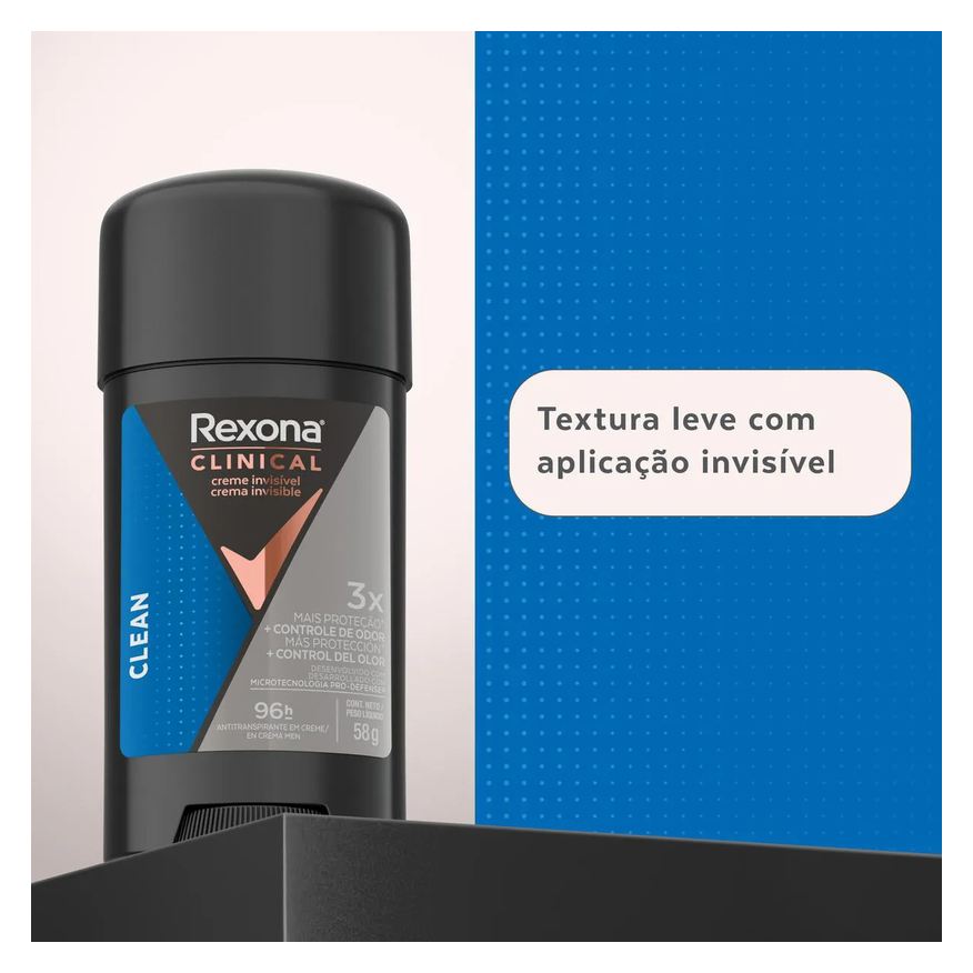 Rexona Desodorante Antitranspirante Stick Creme Men Clinical Clean Masculino 96h 58g