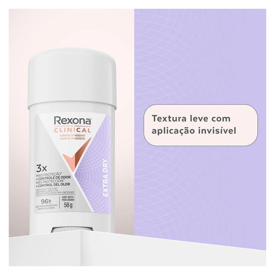 Rexona Desodorante Antitranspirante Stick Creme Clinical Extra Dry Feminino 96h 58g