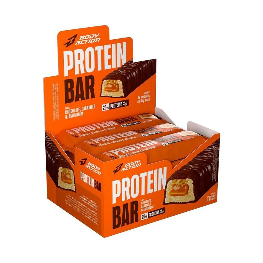 Body Action Protein Bar - 12 Unidades de 55g Caramelo com Amendoim e Chocolate - Bodyaction