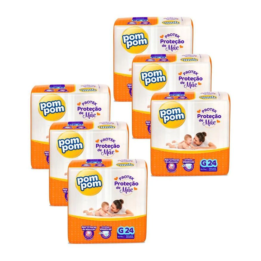 Pom Pom Kit 6 Fraldas Protek Proteção de Mãe Jumbo G com 24Un Cada