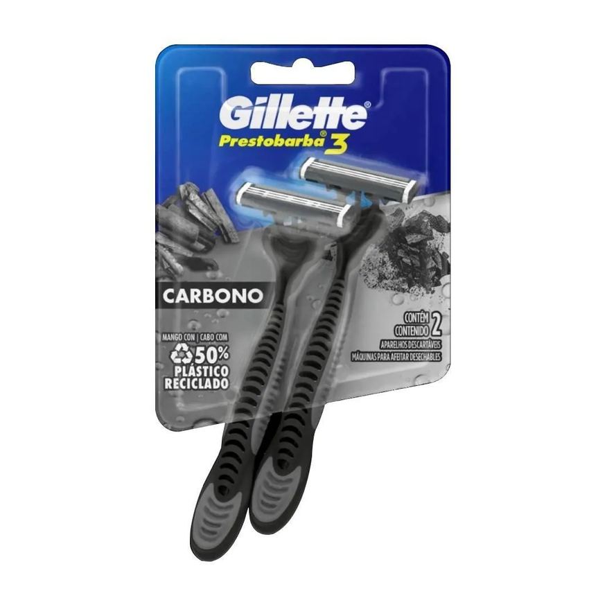 Gillette Aparelho Descartável para Barbear Prestobarba3 Carbono Masculino - Blister com 2 Unidades