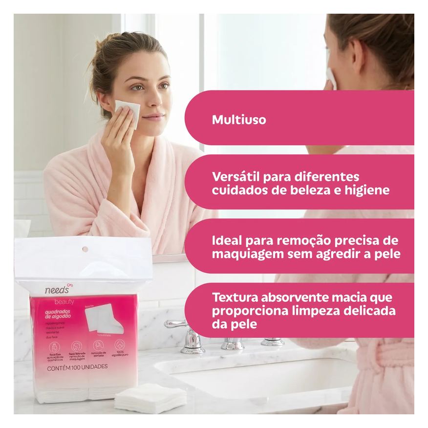 Needs Algodão Quadrado Beauty 100 Unidades
