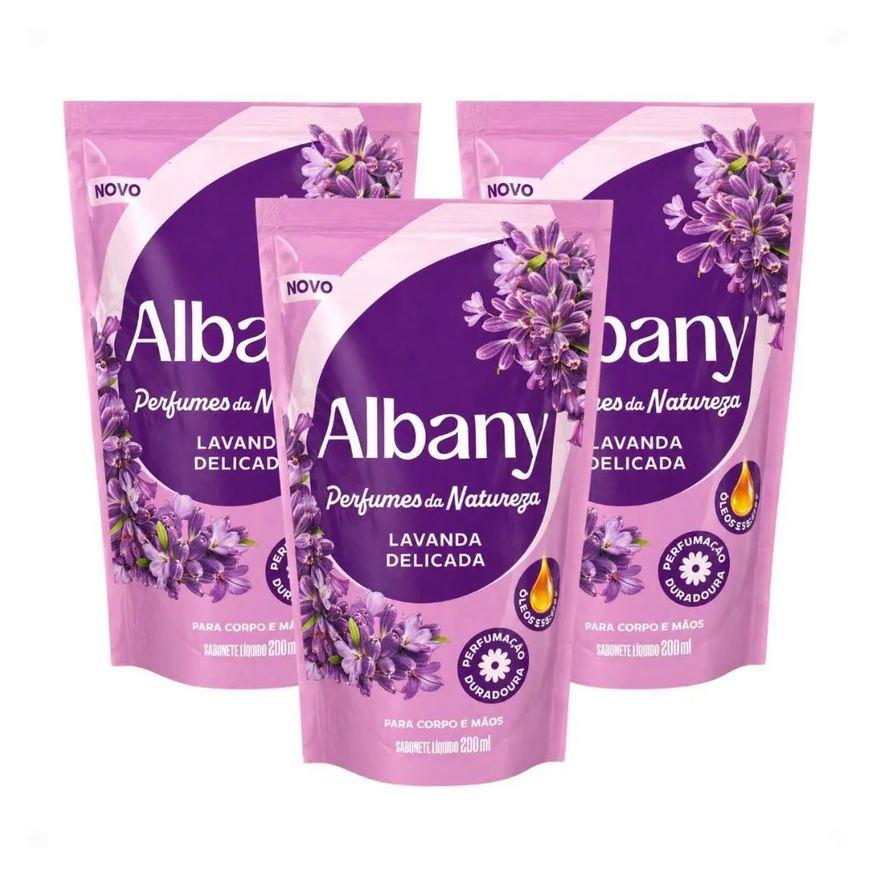 Albany Kit Refil Sabonete Líquido Corpo e Mãos Lavanda Delicada 200ml com 3