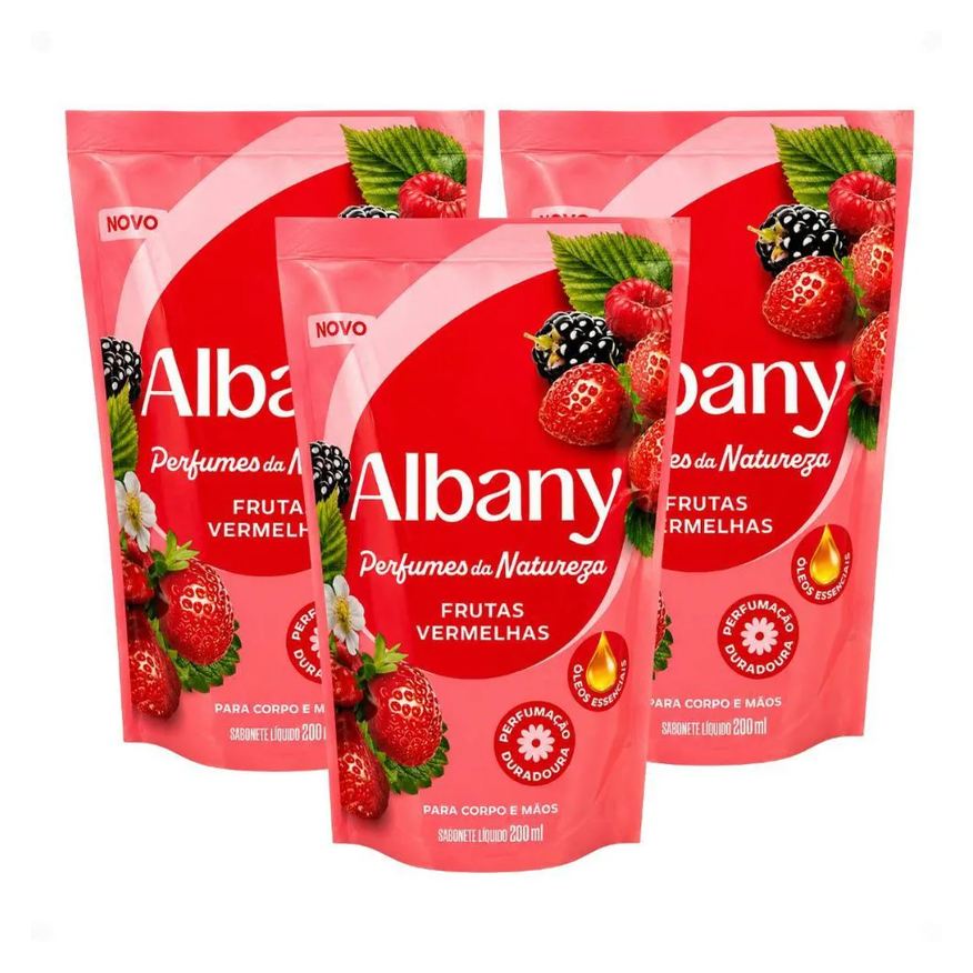 Albany Kit Frutas Refil Sabonete Líquido Corpo e Mãos Frutas Vermelhas 200ml com 3