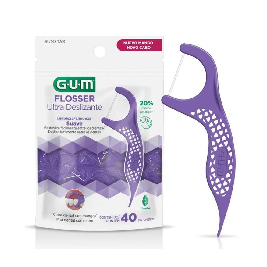 Gum Fio Dental com Haste Flosser Ultra Deslizante Menta com Forquilha Roxo 40 Unidades