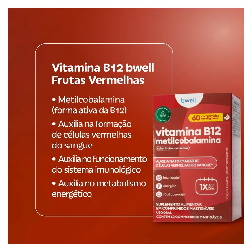B12 Vitamina Bwell Frutas Vermelhas 60 Comprimidos Mastigáveis