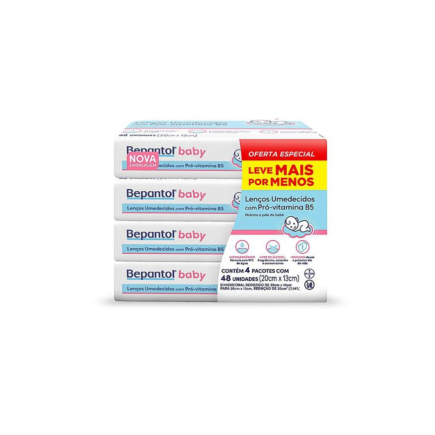 Bepantol Baby Kit Lenço Umedecido Hipoalergênico com Pró Vitamina B5 Sem Fragrância 48 unidades 4 pacotes