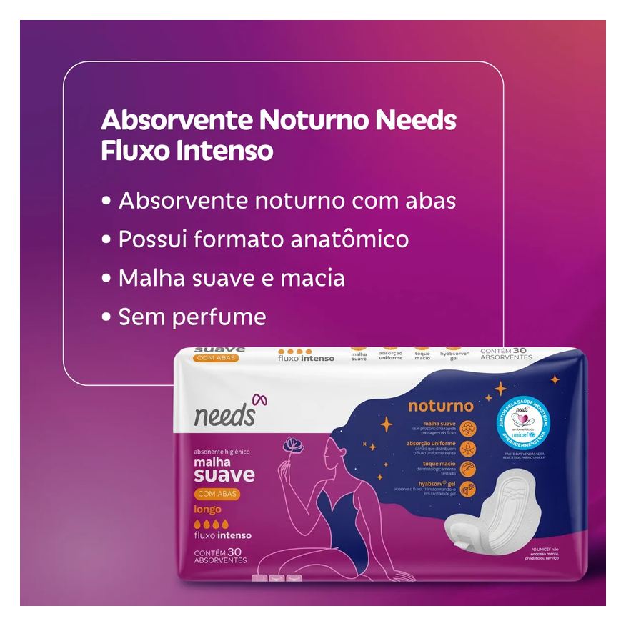 Needs Absorvente Noturno Cobertura Suave com Abas 30 Unidades