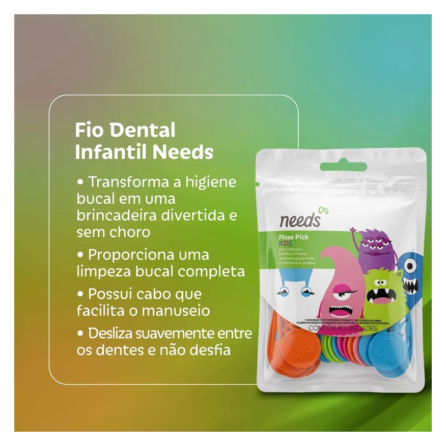 Needs Fio Dental Infantil Floss Pick Kids 40 Unidades