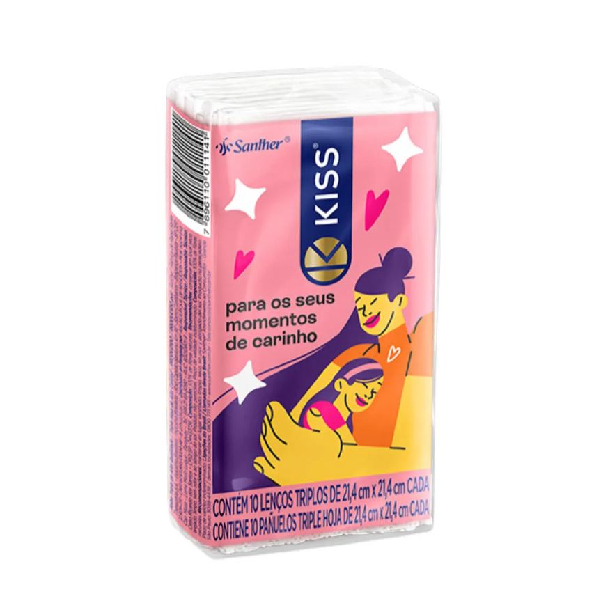de Lenço Papel Kiss Folha Tripla com 10 Unidades