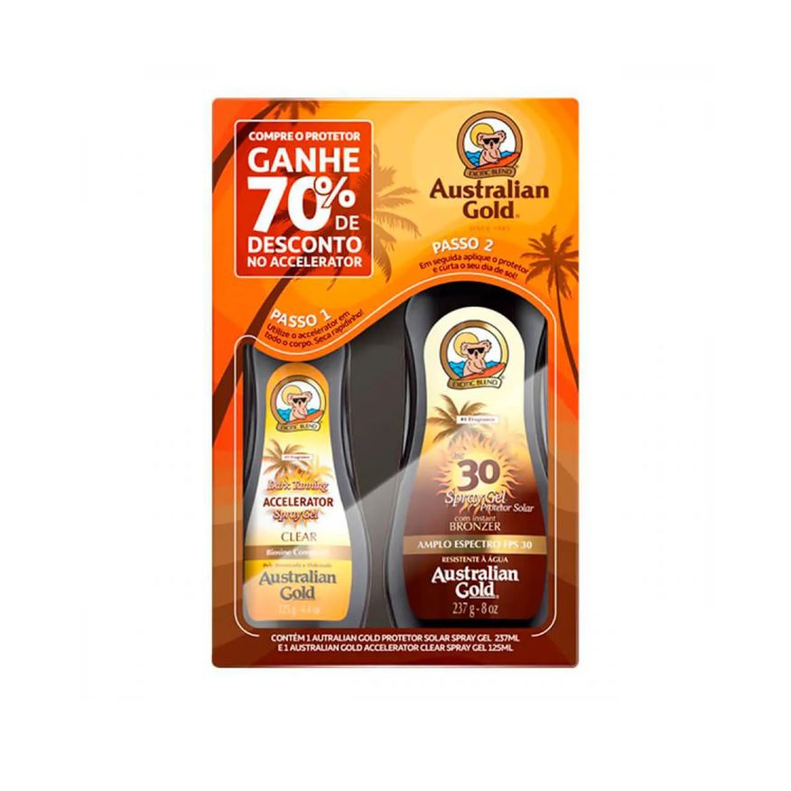 Australian Gold Kit Protetor Solar Corporal FPS 30 com 237ml + Bronzeador Dark Tanning Clear com 125ml