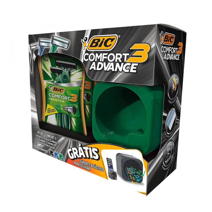 Bic Kit Aparelho de Barbear Comfort 3 Advance com 4 unidades + Suporte Acústico para Celular