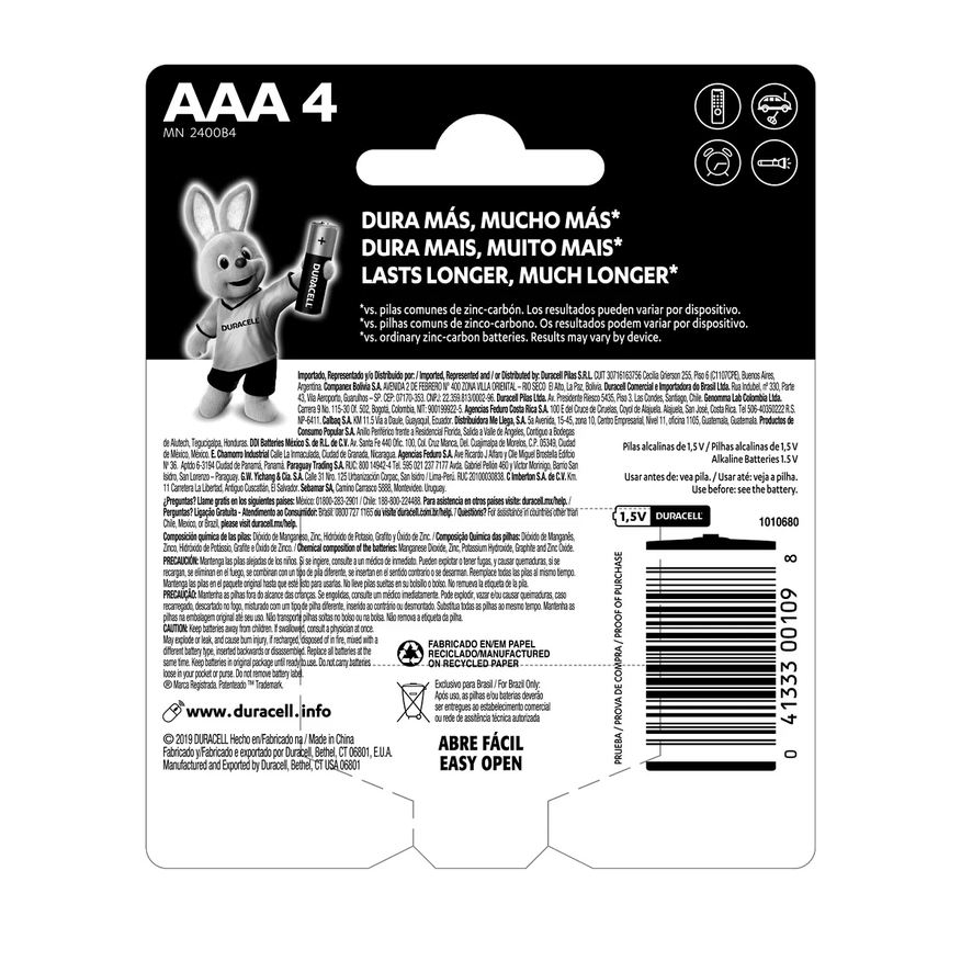 AAA Pilha Duracell Palito com 4 unidades