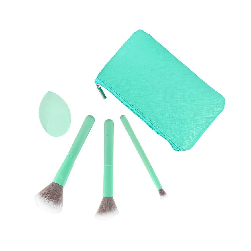 com Kit 3 Pinceis de Maquiagem Lanossi e 1 Esponja + 1 Necessaire Mint Green