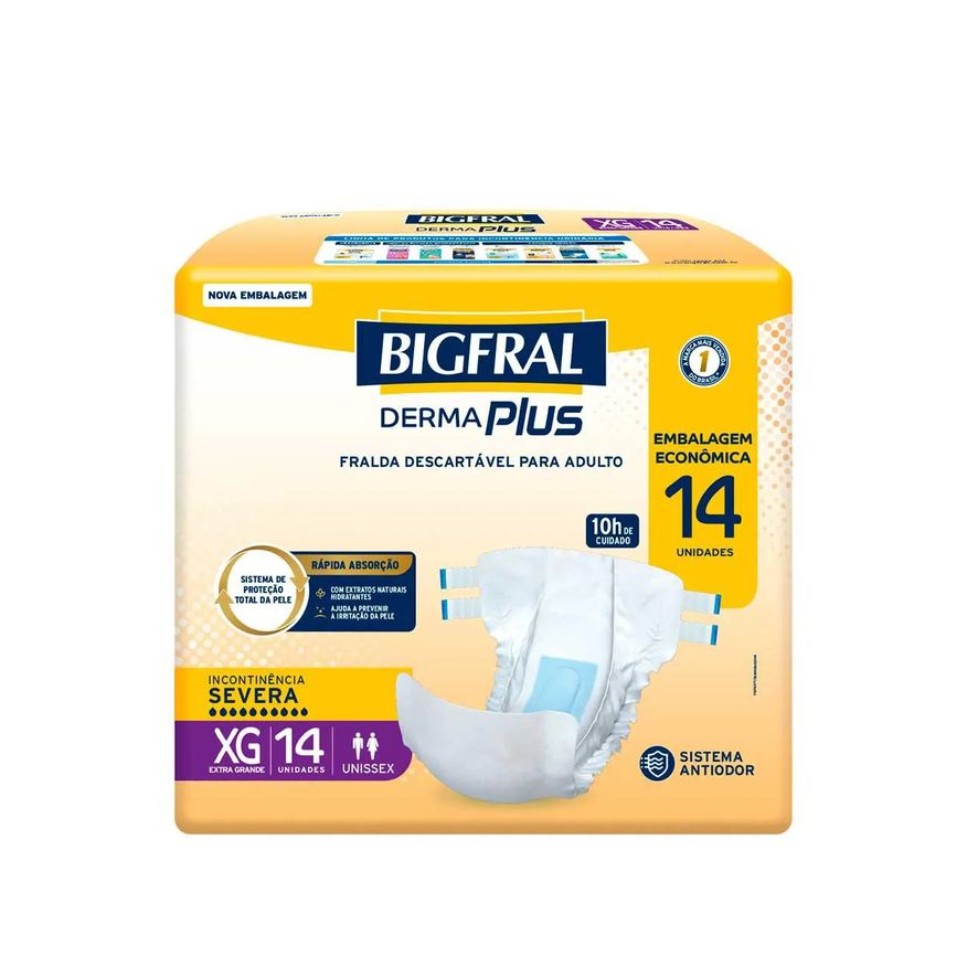 Bigfral Fralda Geriátrica Unissex Derma Plus XG Absorção Intensa 14 unidades