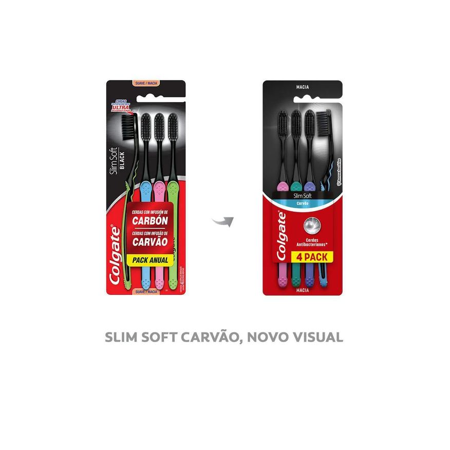 Colgate Kit Escova de Dente Slim Soft Black Carvão 4 unidades