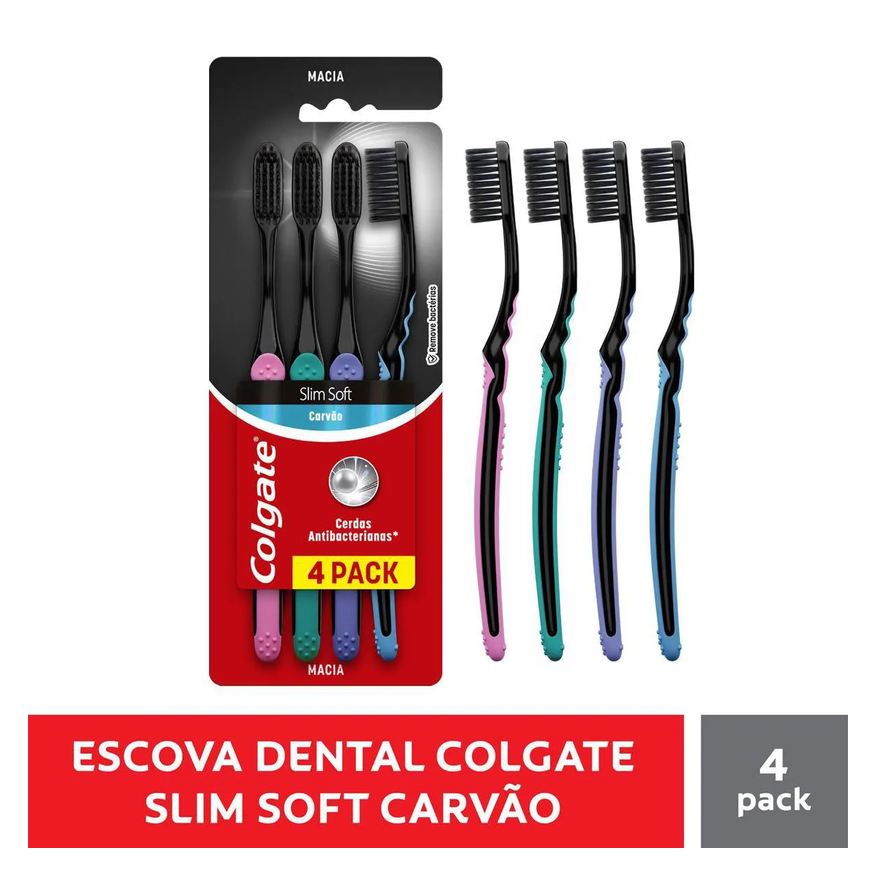 Colgate Kit Escova de Dente Slim Soft Black Carvão 4 unidades