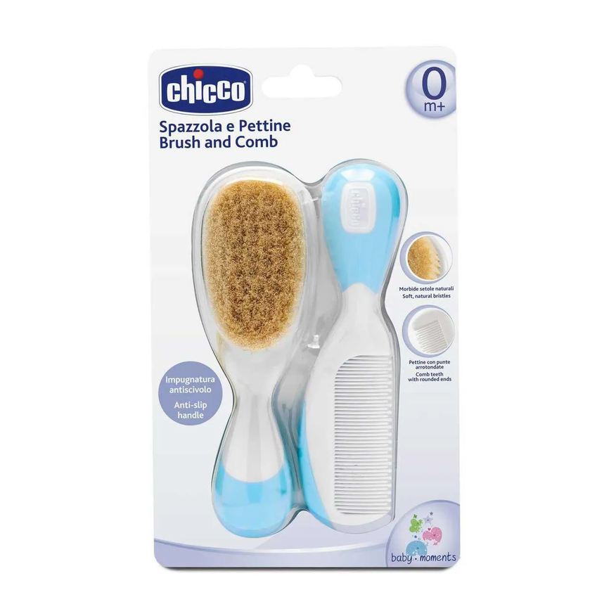 Chicco Kit Escova e Pente de Cerdas Naturais Cor Azul com 1 unidade