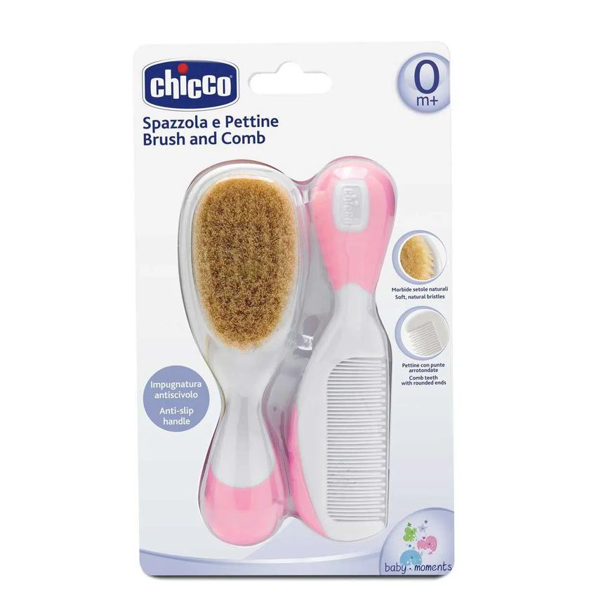 Chicco Kit Escova e Pente de Cerdas Naturais Cor Rosa com 1 unidade
