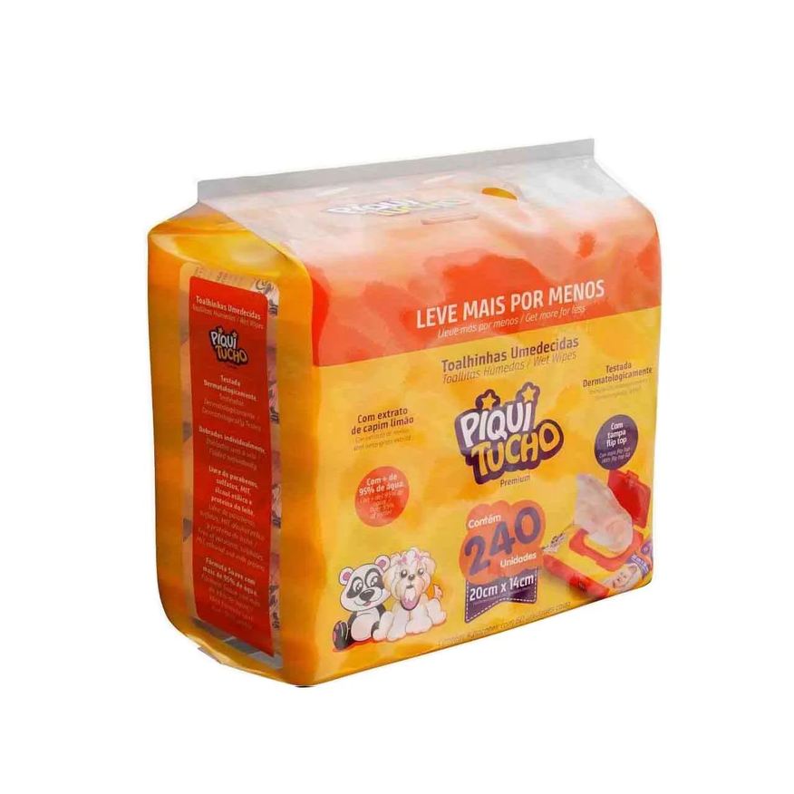 Piquitucho Kit Lenço Umedecido Premium com Extrato de Capim Limão Sem Álcool 60 unidades 4 pacotes