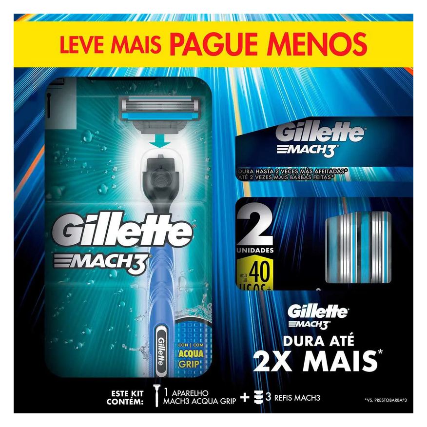 Gillette Kit Barbeador Mach3 Acqua Grip 1 aparelho + 2 cargas