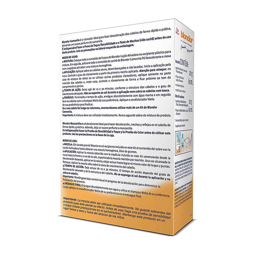Clareador Kit de Cabelos Blondor Camomila e Manzanilla com 1 sachê de pó descolorante + 1 frasco de loção ativadora + 1 tigela plástica + 1 espátula