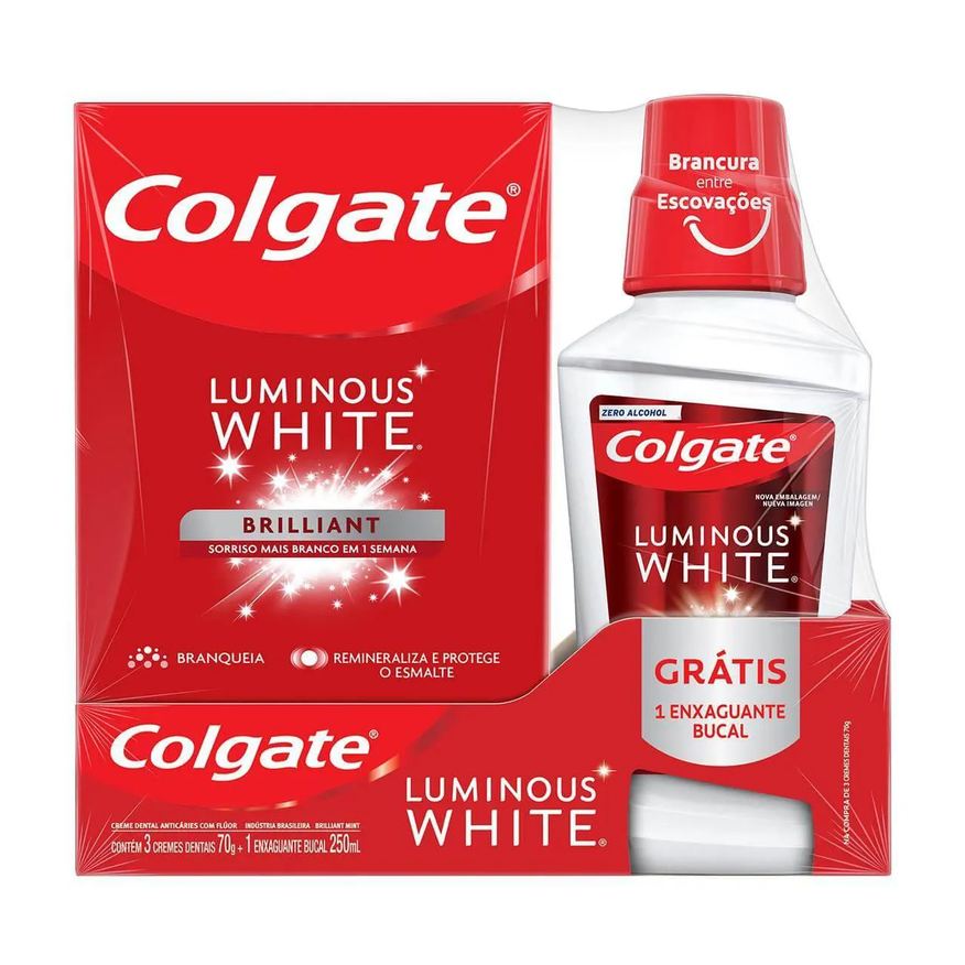Colgate Kit Luminous White Brilliant Creme Dental 70g 3 unidades + Enxaguante Bucal 250ml