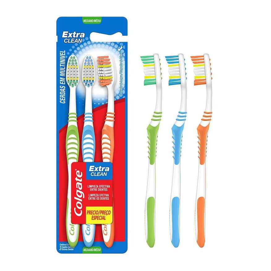 Colgate Escova de Dente Extra Clean Média com 3 unidades