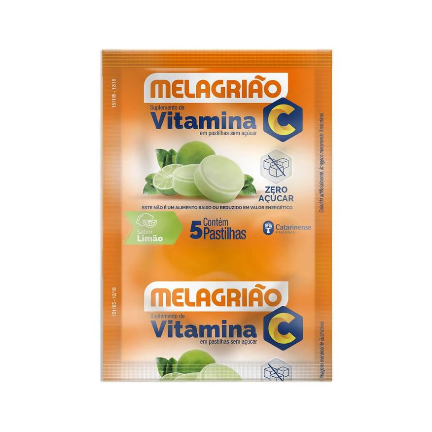 Melagrião Pastilha Suplemento de Vitamina C Zero Açúcar Sabor Limão 5 unidades