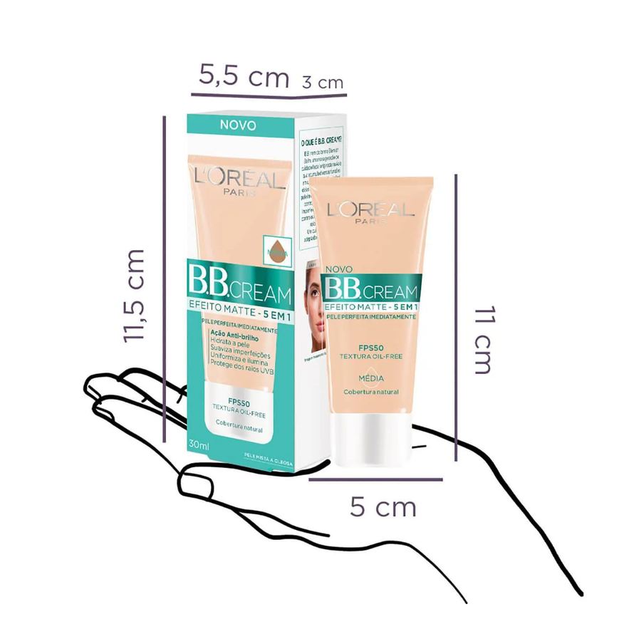 L'oreal Base BB Cream L'Oréal Paris Efeito Matte 5 em 1 Cor Média FPS 50 Cobertura Leve com Proteção Solar 30ml