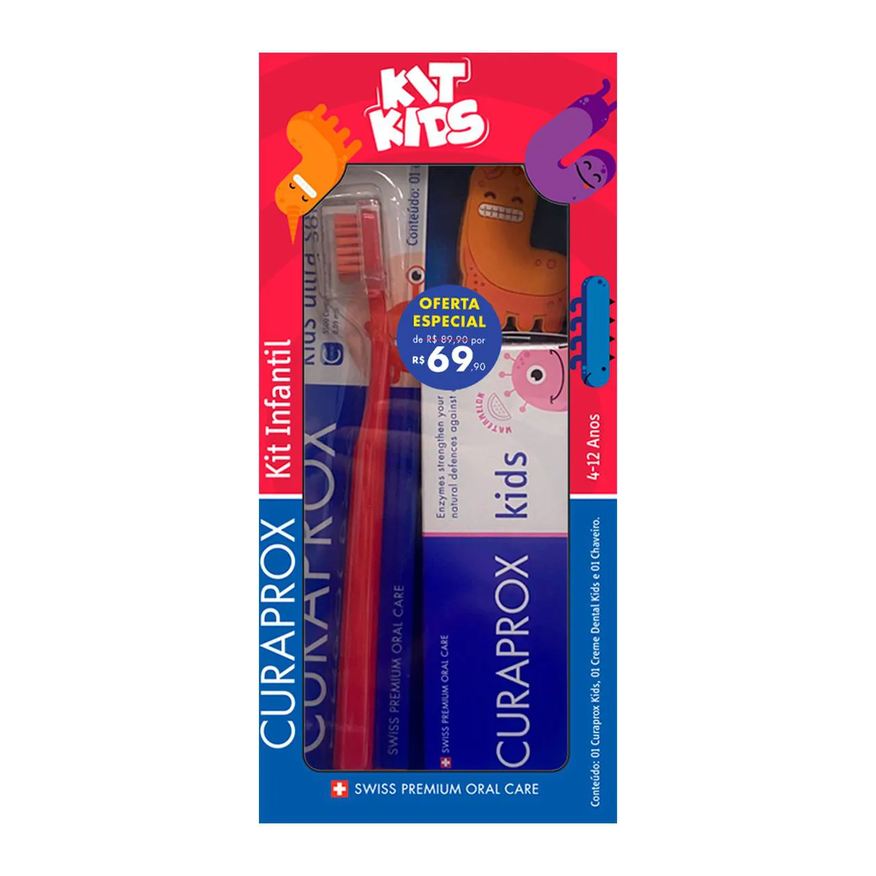 Curaprox Kit Infantil Kids Escova de Dente 4 a 12 Anos + Pasta de Dente Kids + Chaveiro
