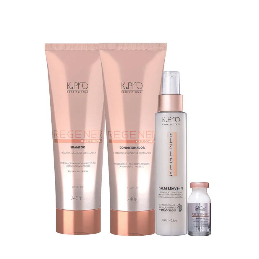 K.pro Kit Profissional Regenér Shampoo Condicionador Leave-in e Ampola (4 Produtos)