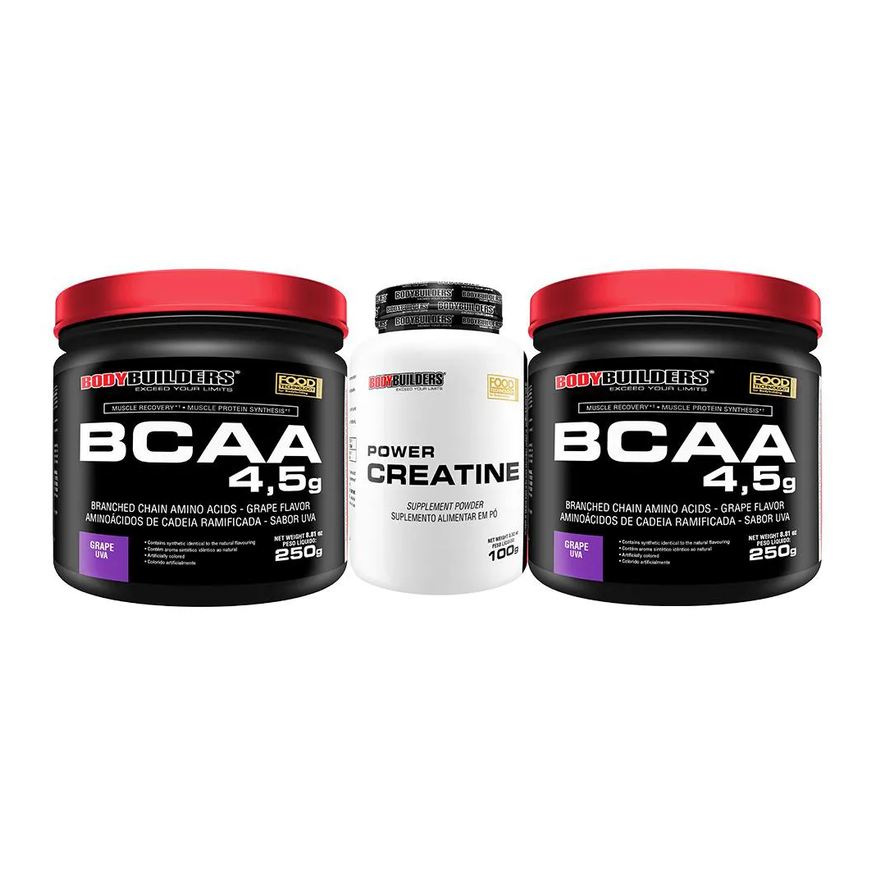 Bodybuilders Kit 2x Bcaa Powder 4.5 250g + Power Creatina 100g - Sabor Uva