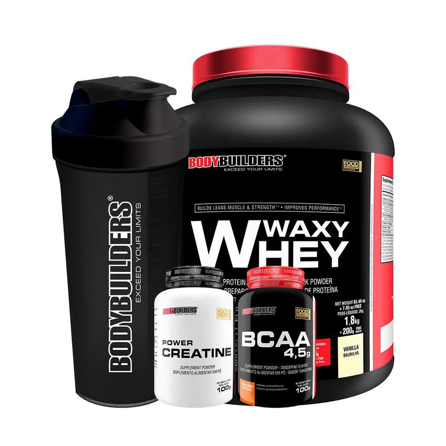 Bodybuilders Kit - Waxy Whey 2kg + Bcaa 4,5 100g + Power Creatina 100g + Coqueteleira Sabor: Baunilha