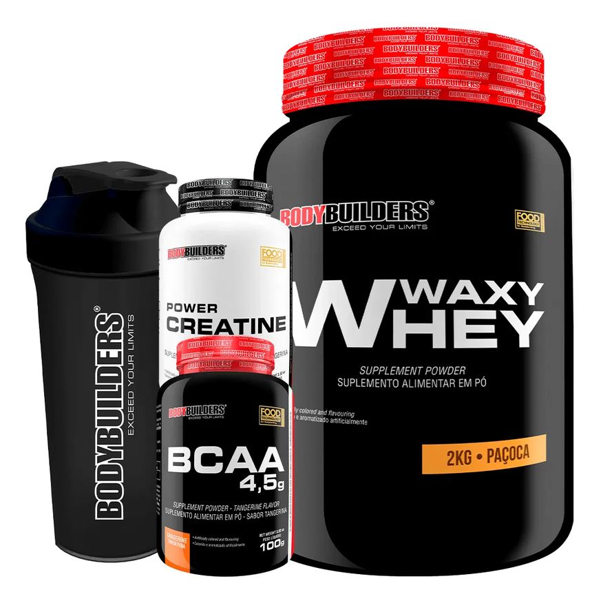 Bodybuilders Kit - Waxy Whey Paçoca 2kg + Bcaa 4.5 100g + Power Creatina 100g + Coqueteleira – Cappuccino