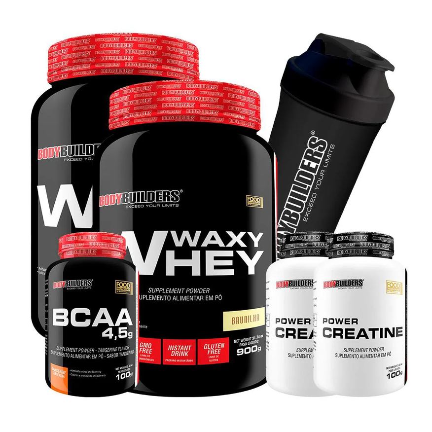 Bodybuilders Kit 2x Waxy Whey Protein 900g + 2x Power Creatina 100g + Bcaa 4.5 100g + Coqueteleira - Baunilha