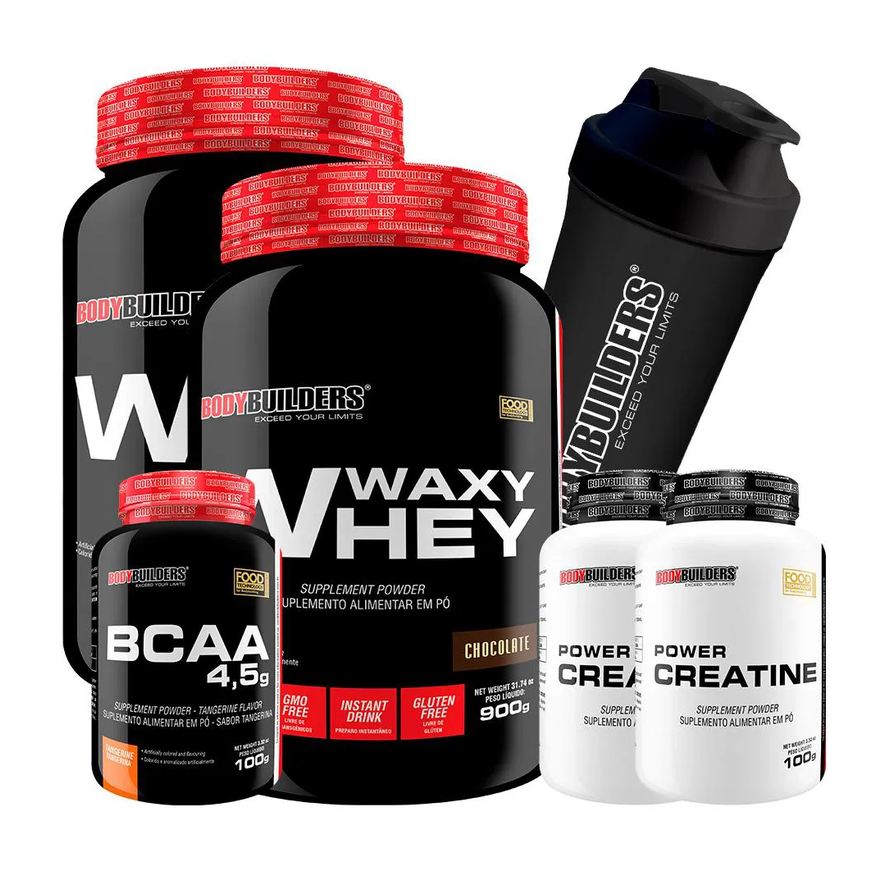 Bodybuilders Kit 2x Waxy Whey Protein 900g + 2x Power Creatina 100g + Bcaa 4.5 100g + Coqueteleira - Chocolate