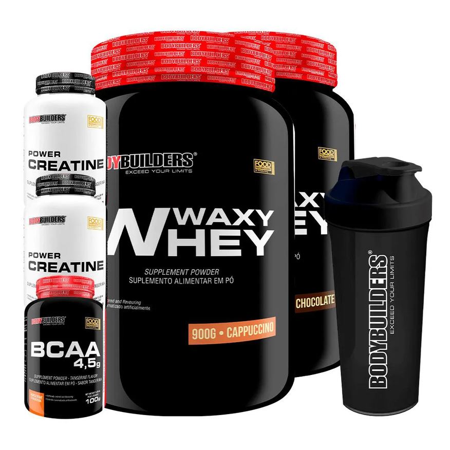 Bodybuilders Kit 2x Waxy Whey Protein 900g + 2x Power Creatina 100g + Bcaa 4.5 100g + Coqueteleira - Chocolate e Cappuccino