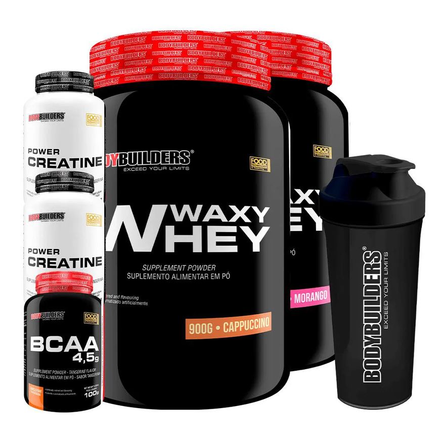 Bodybuilders Kit 2x Waxy Whey Protein 900g + 2x Power Creatina 100g + Bcaa 4.5 100g + Coqueteleira - Morango e Cappuccino