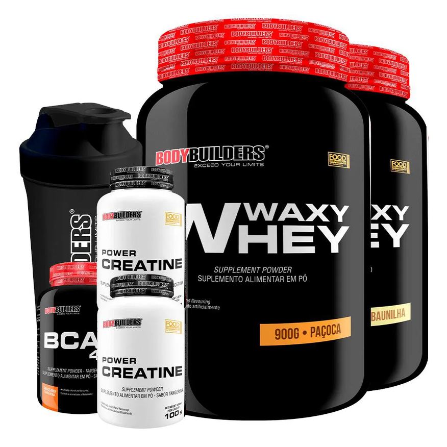 Bodybuilders Kit 2x Waxy Whey Protein 900g + 2x Power Creatina 100g + Bcaa 4.5 100g + Coqueteleira - Baunilha e Paçoca
