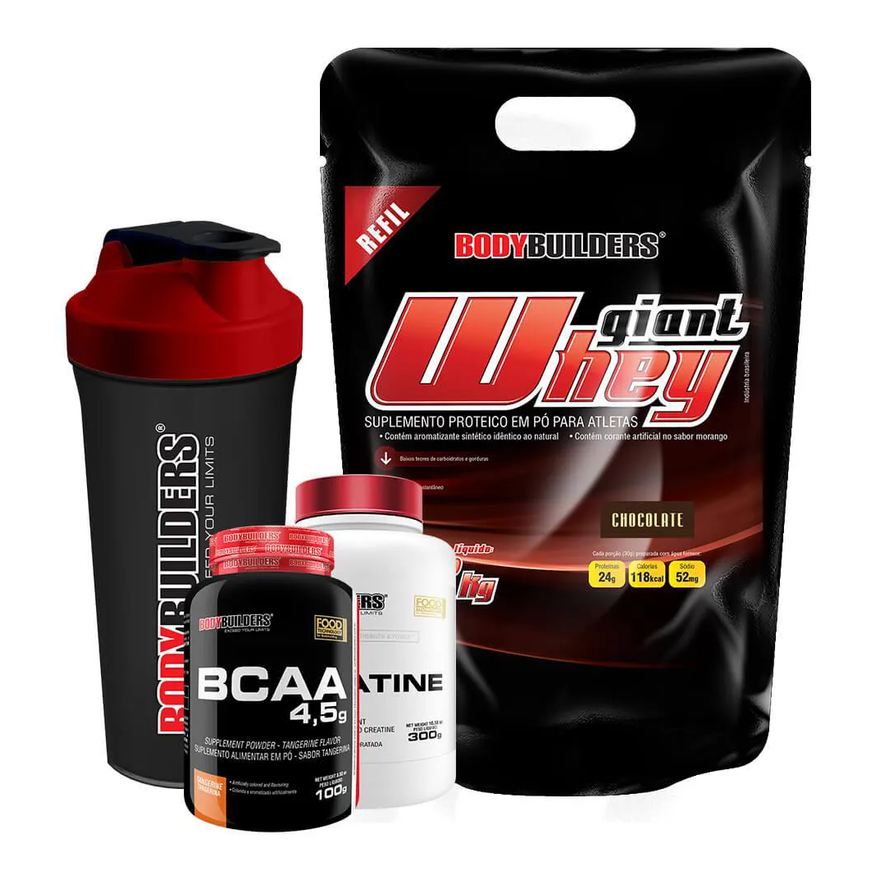 Bodybuilders Kit Giant Whey 2kg (refil) + Bcaa 4,5 100g + 100% Creatine 300g + Coqueteleira Sabor: Chocolate
